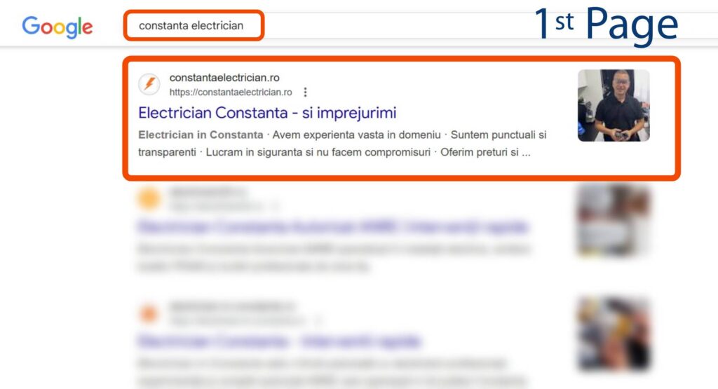 Rezultatele căutării Google pentru "electrician constanta" prezintă o listă de top evidențiată cu link către site, titlu, descriere și o imagine miniaturală a unei persoane.