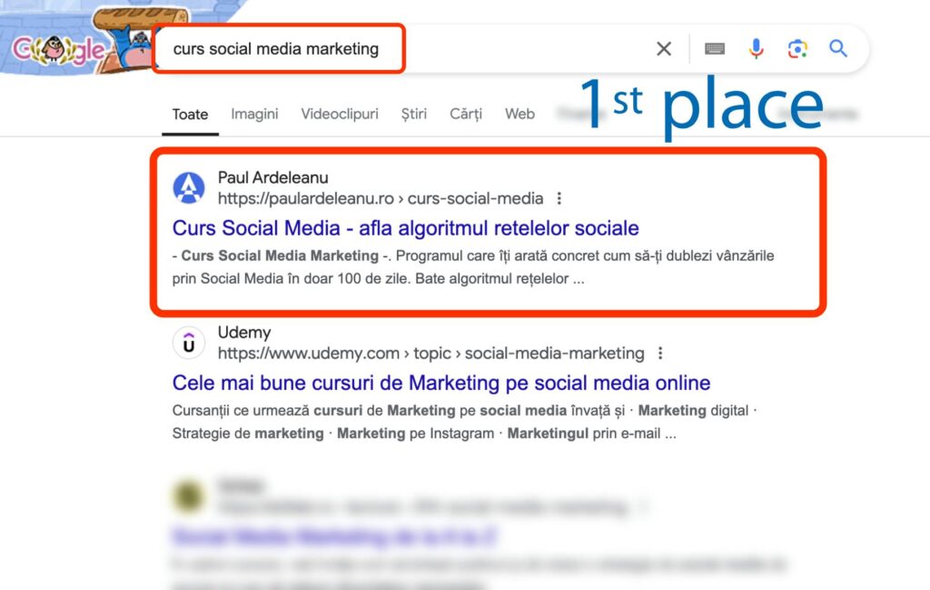 Rezultatele căutării Google pentru "curs social media marketing" arată un rezultat evidențiat pe primul loc de la paulardeleanu.ro, urmat de un link Udemy pe locul al doilea.
