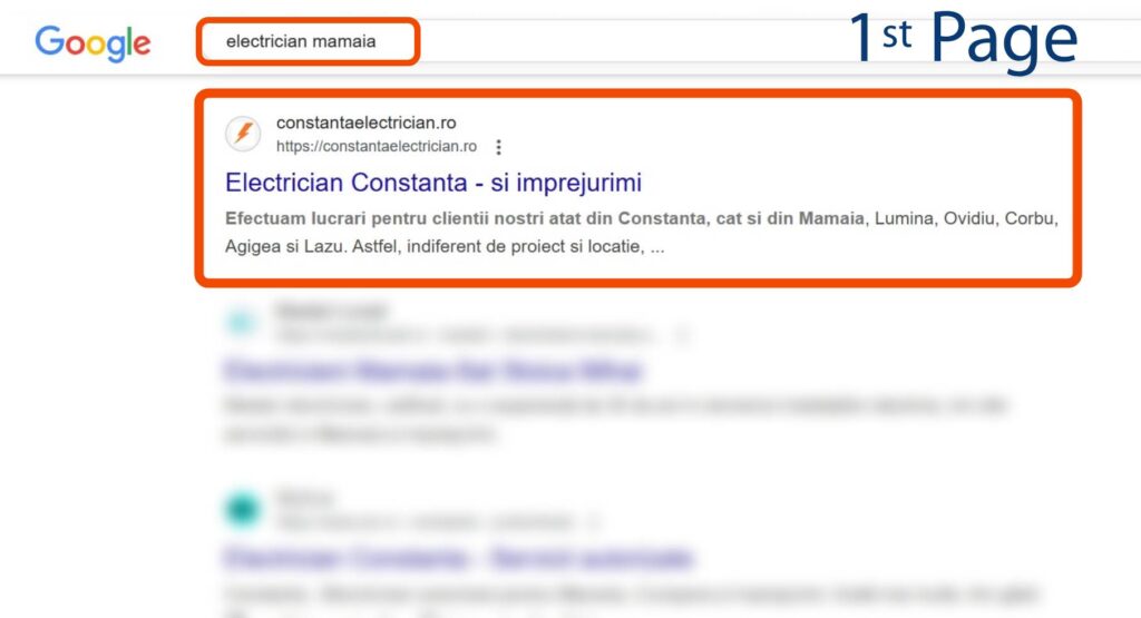 Pagina cu rezultatele căutării Google pentru "electrician mamaia" afișează un rezultat de top pentru un electrician în Constanța și împrejurimi, cu o parte din descrierea site-ului vizibilă.