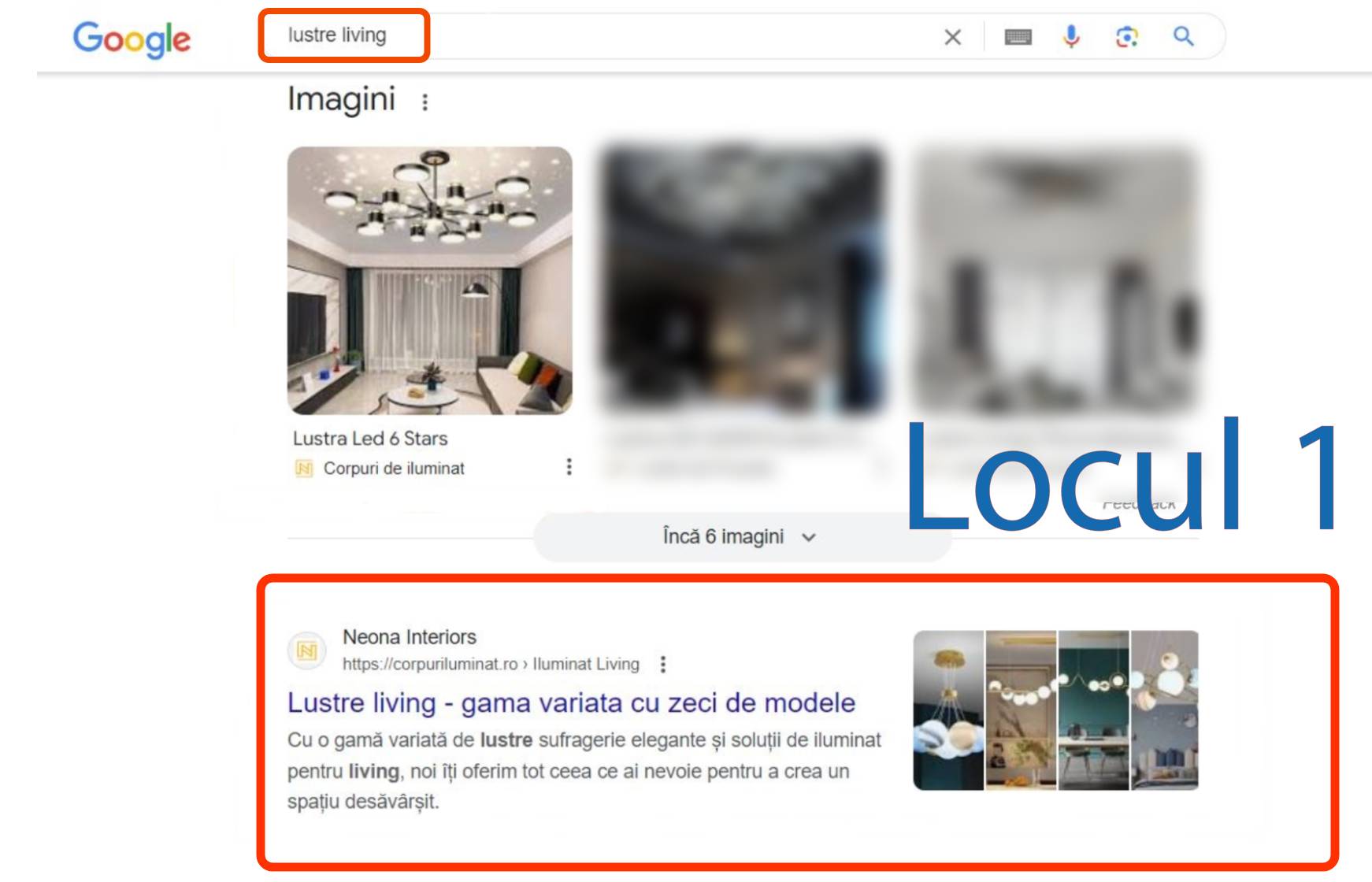 Captură de ecran a unei căutări de imagini Google pentru "lustre living" care prezintă imagini cu candelabre și o listă Neona Interiors evidențiată cu diverse opțiuni de iluminat.