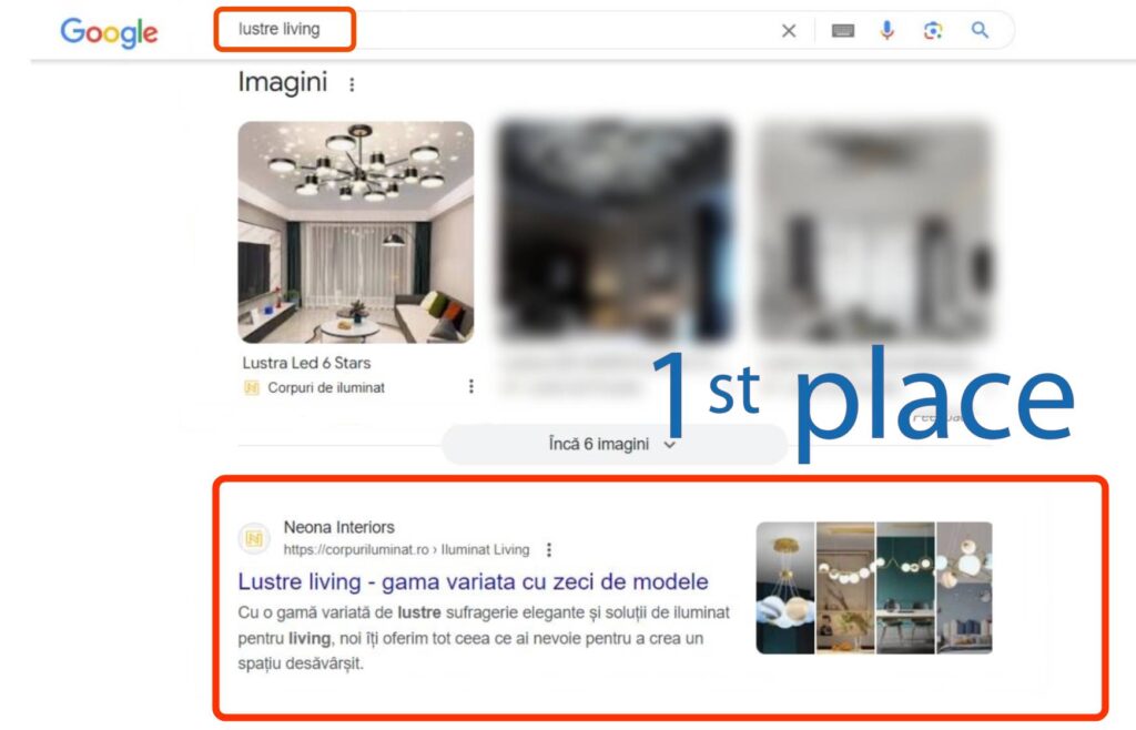 O căutare pe Google pentru "lustre living" afișează rezultatele imaginilor și o listă evidențiată pe primul loc pentru produsele de iluminat Neona Interiors.