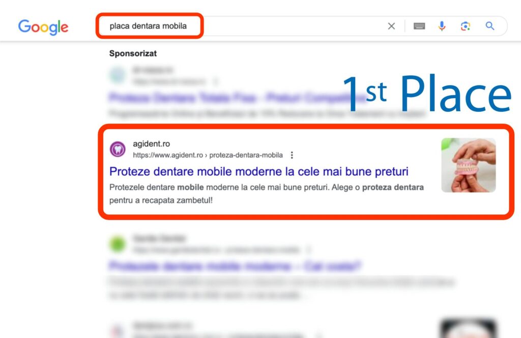 O căutare pe Google pentru "placa dentara mobila" cu primul rezultat al căutării evidențiat și etichetat ca "Locul 1.