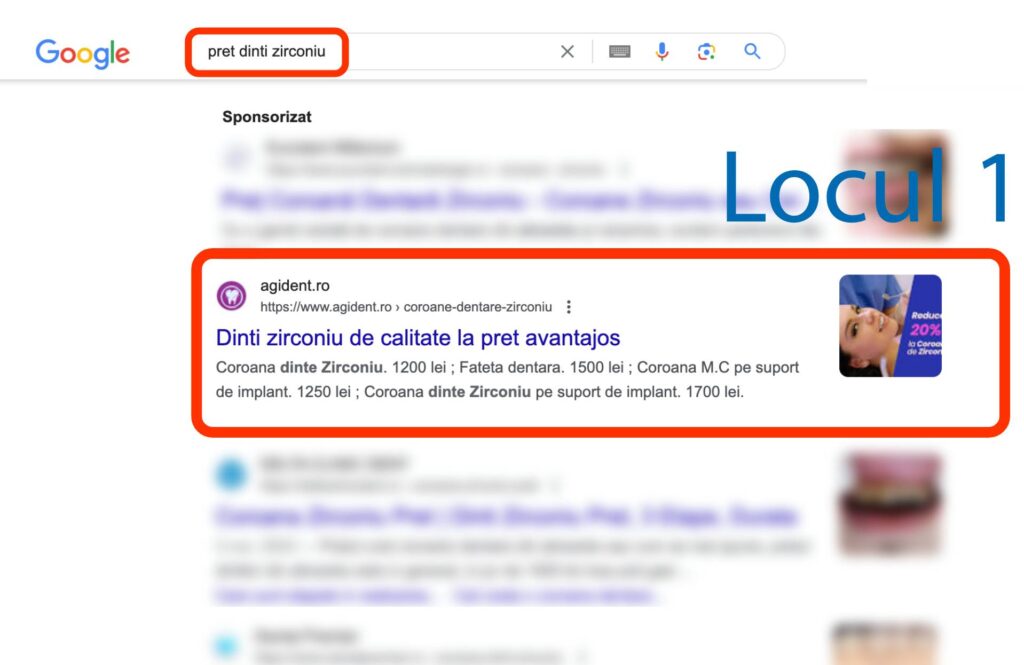 Rezultatele căutării Google pentru "pret dinți zirconiu", care arată agident.ro pe primul loc cu detalii despre coroanele dentare din zirconiu și prețuri.