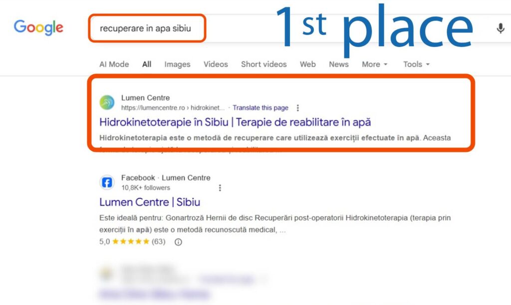 Rezultatele căutării Google pentru "recuperare in apa sibiu", cu site-ul Lumen Centre pe primul loc, evidențiat cu un contur portocaliu.