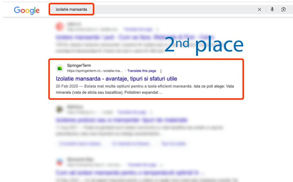 Pagina cu rezultatele căutării Google pentru "izolatie mansarda", care evidențiază o listă pe locul 2, cu titlul și descrierea conturate cu roșu.
