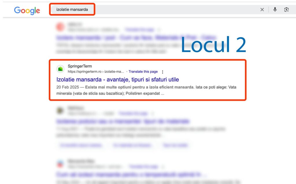 Pagina cu rezultatele căutării Google pentru "izolatie mansarda", evidențiind rezultatul clasat pe locul al doilea intitulat "Izolatie mansarda - avantaje, tipuri și sfaturi utile" din SpringerTerm.
