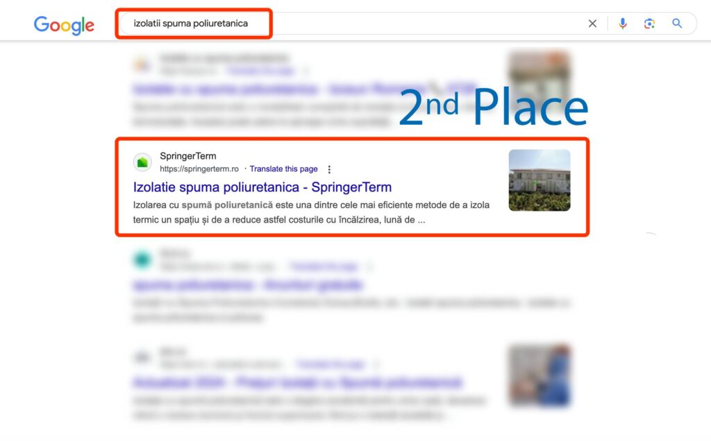 Pagina cu rezultatele căutării Google pentru "izolatii spuma poliuretanica", cu rezultatul evidențiat pe locul al doilea care prezintă un link către site-ul SpringerTerm.