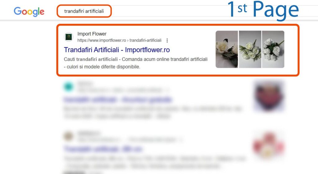Captură de ecran a unei căutări Google pentru "trandafiri artificiali", care arată un rezultat de top pentru trandafiri artificiali de la ImportFlower.ro cu imagini de flori artificiale.