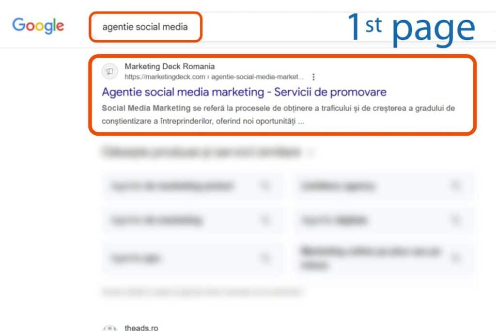 O căutare pe Google pentru "agentie social media" arată un rezultat de top evidențiat intitulat "Agentie social media marketing" de la Marketing Deck Romania, pe prima pagină.