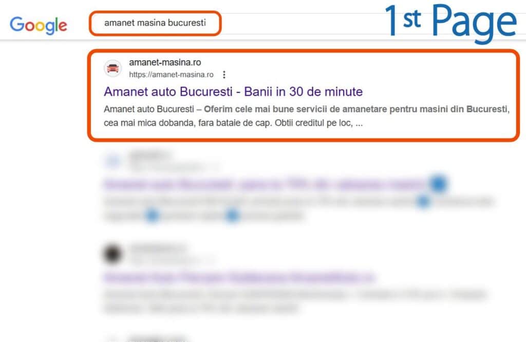 Pagina cu rezultatele căutării Google pentru "amanet masina bucuresti", care prezintă un rezultat de top evidențiat pentru un serviciu de amanet auto din București.