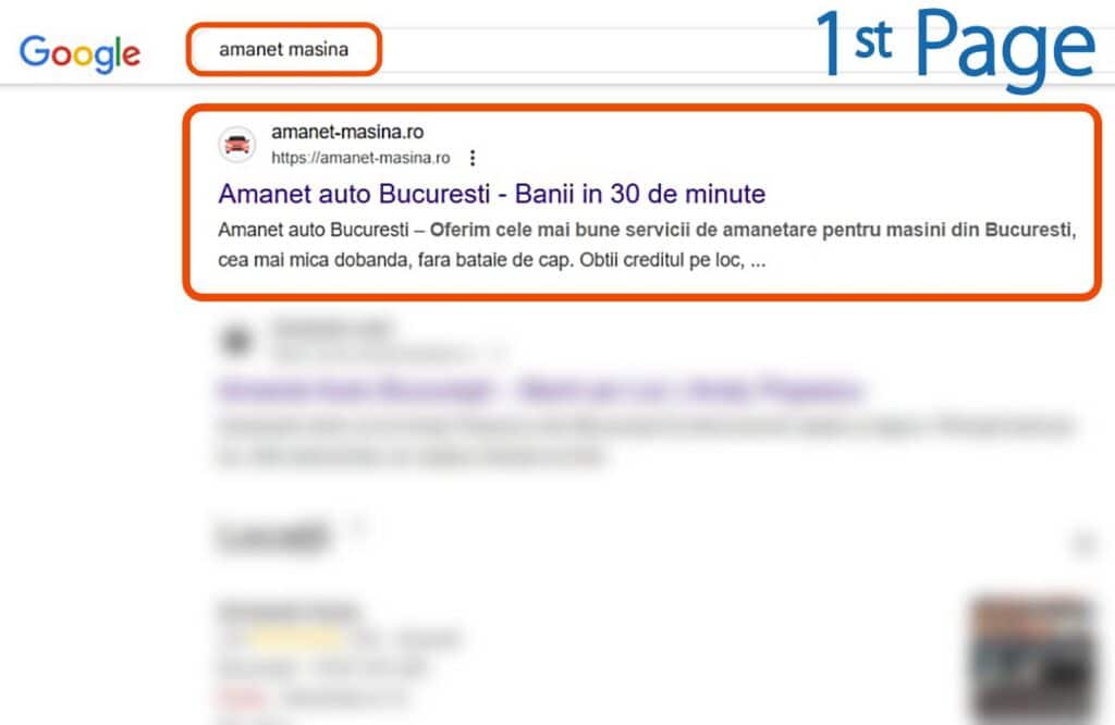 Pagina cu rezultatele căutării Google pentru "amanet masina", care afișează primul rezultat pentru un serviciu de amanet auto din București evidențiat în portocaliu.