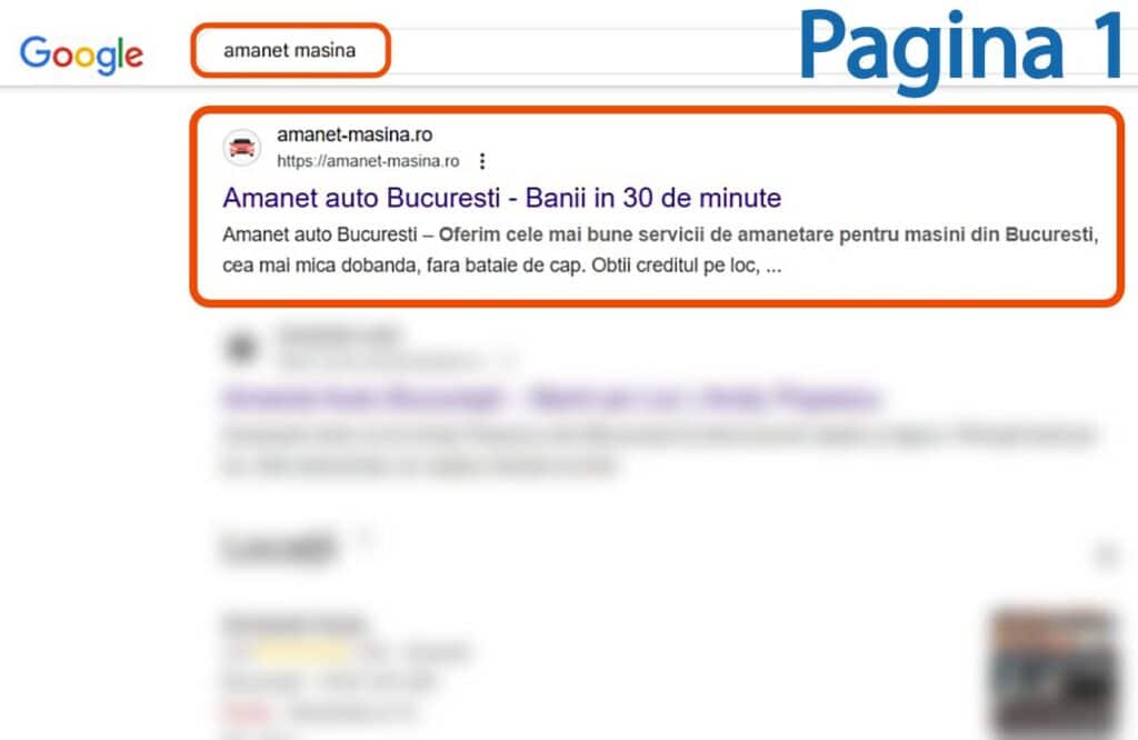 Pagina de rezultate ale căutării Google pentru "amanet masina" afișează un rezultat de top evidențiat pentru "Amanet auto Bucuresti" din amanet-masina.ro, cu termenul de căutare în bara de căutare.