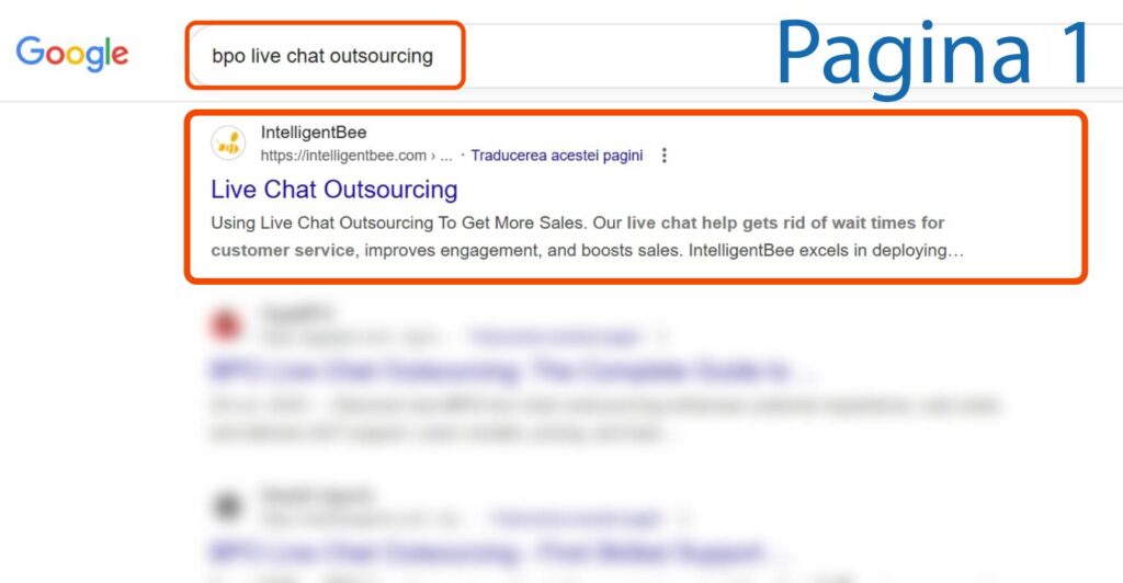 Pagina cu rezultatele căutării Google pentru "bpo live chat outsourcing", cu site-ul web al IntelligentBee evidențiat ca prim rezultat.