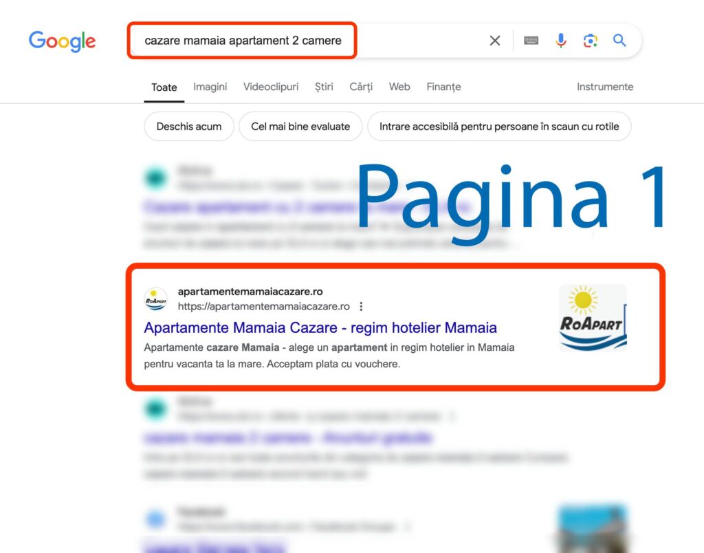 Pagina de rezultate ale căutării Google pentru "cazare mamaia apartament 2 camere" afișează primul rezultat, un site de închiriere de apartamente în Mamaia, evidențiat.