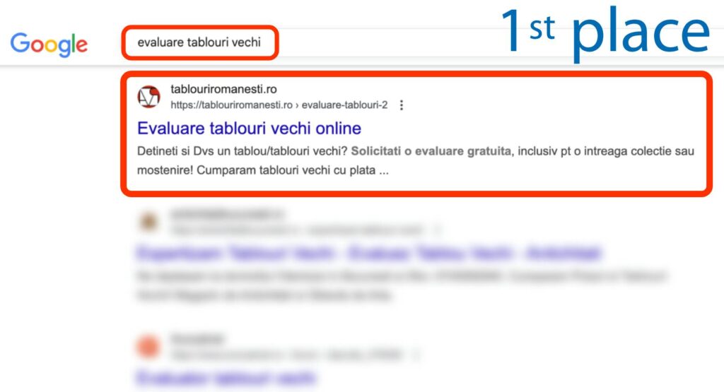 Rezultatele căutării Google pentru "evaluare tablouri vechi" afișează tablouromanesti.ro pe primul loc, evidențiat în roșu.