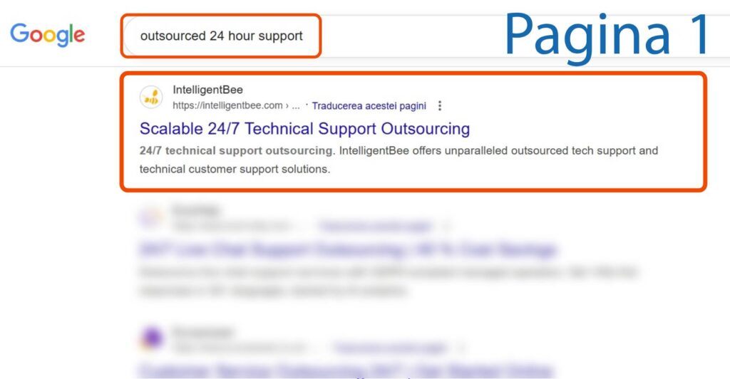 Căutați pe Google "suport externalizat 24 de ore", cu un rezultat evidențiat pentru IntelligentBee care oferă servicii de externalizare a suportului tehnic 24/7.