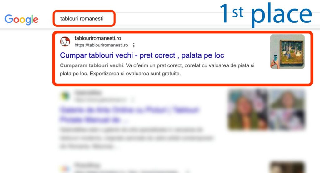 Rezultatele căutării Google pentru "tablouri romanesti" arată tablouromanesti.ro pe prima poziție, evidențiat cu o casetă roșie.