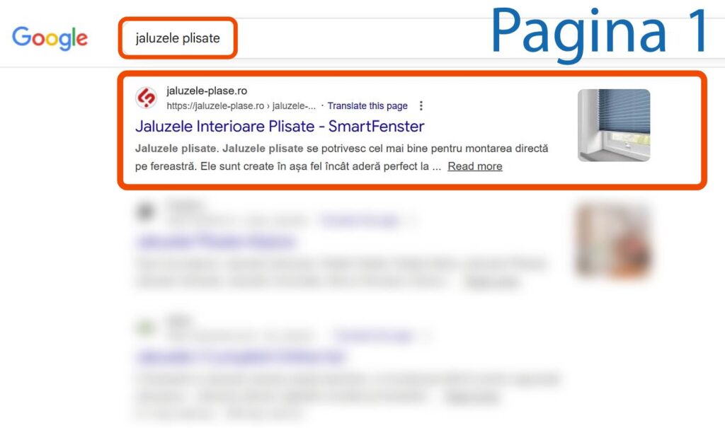 Pagina cu rezultatele căutării Google pentru "jaluzlele plisate", care evidențiază primul rezultat de la jaluzlele-plasa.ro despre jaluzele interioare plisate.