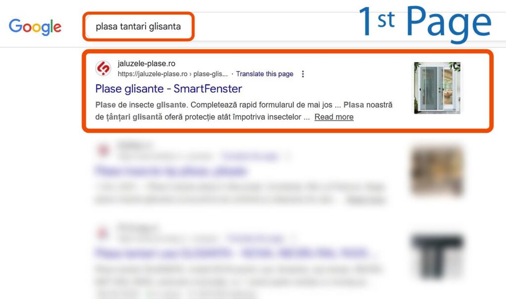 Pagina cu rezultatele căutării Google afișează un rezultat de top pentru "plasa tantari glisanta" cu un link către site, o descriere și o imagine a produsului plase glisante pentru insecte.