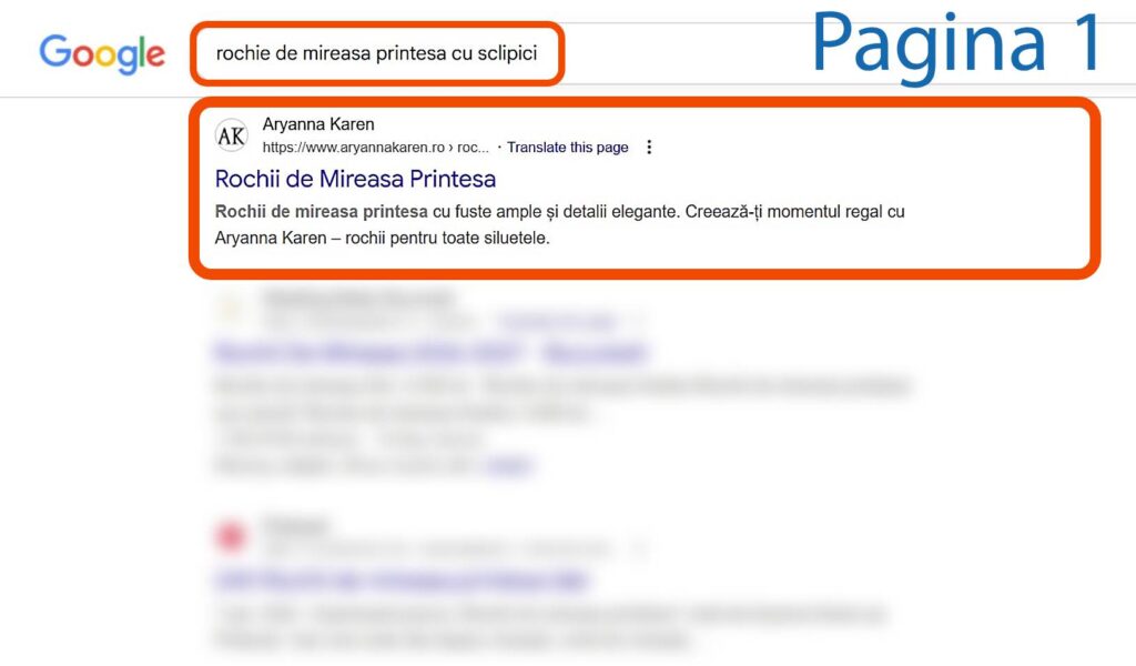 Pagina cu rezultatele căutării Google afișează interogarea "rochie de mireasa printesa cu sclipici" și un rezultat de top pentru Ayanna Karen care vinde rochii de mireasă prințesă cu sclipici.
