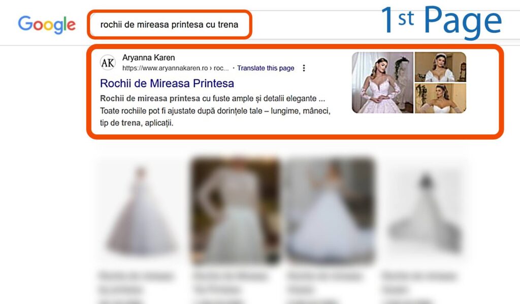 Pagina cu rezultatele căutării Google afișează interogarea "rochii de mireasa printesa cu trena" și un rezultat de top evidențiat care prezintă rochii de mireasă.