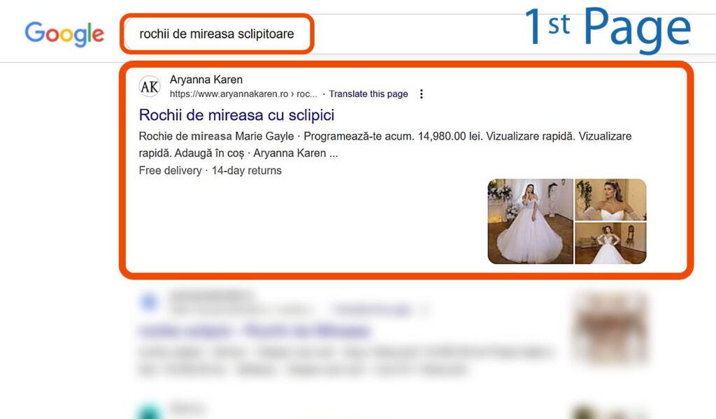 Rezultatele căutării Google pentru "rochii de mireasa sclipitoare" arată un site de rochii de mireasă cu imagini ale rochiilor de mireasă strălucitoare în prima poziție.