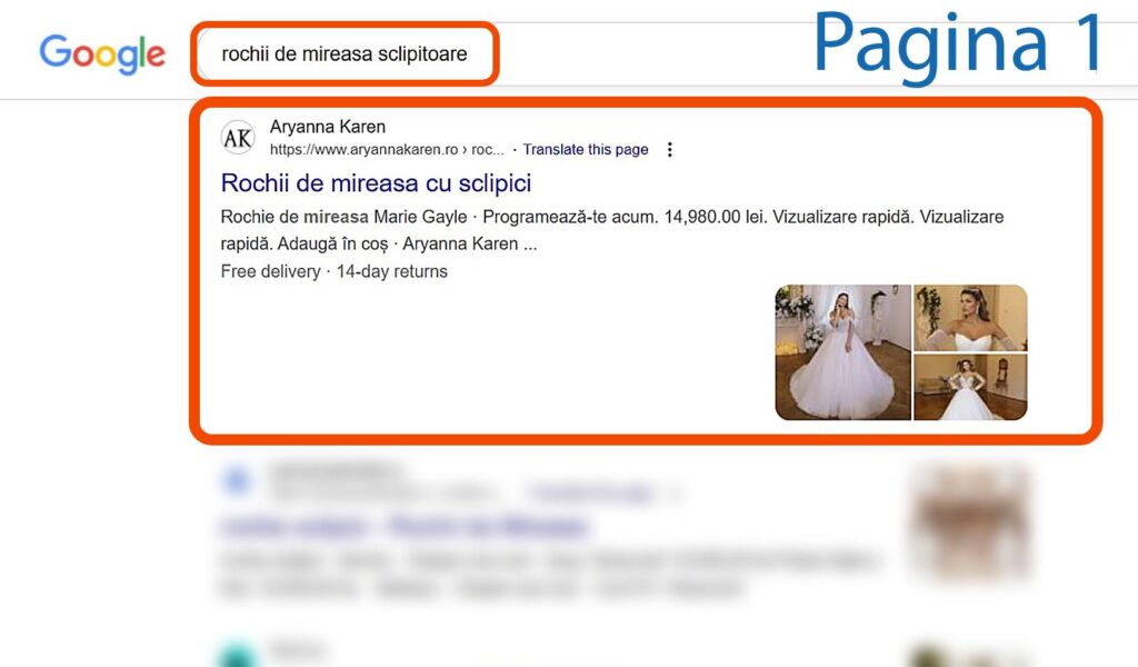 Rezultatele căutării Google pentru "rochii de mireasa sclipitoare" afișează o listă prezentată pentru o rochie de mireasă sclipitoare cu imagini de rochii și o mireasă.