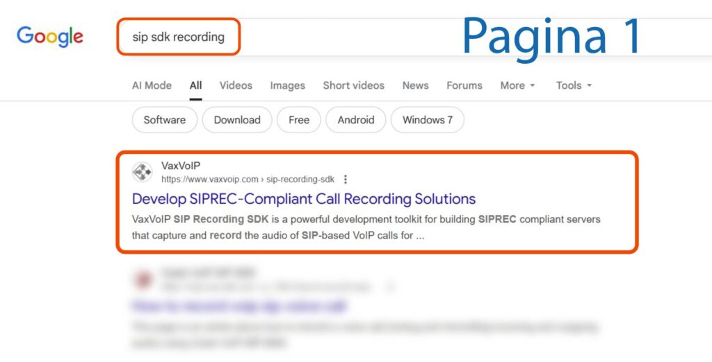 Pagina cu rezultatele căutării Google pentru "sip sdk recording" cu un link evidențiat către soluțiile de înregistrare a apelurilor conforme cu SIPREC ale VaxVoIP.