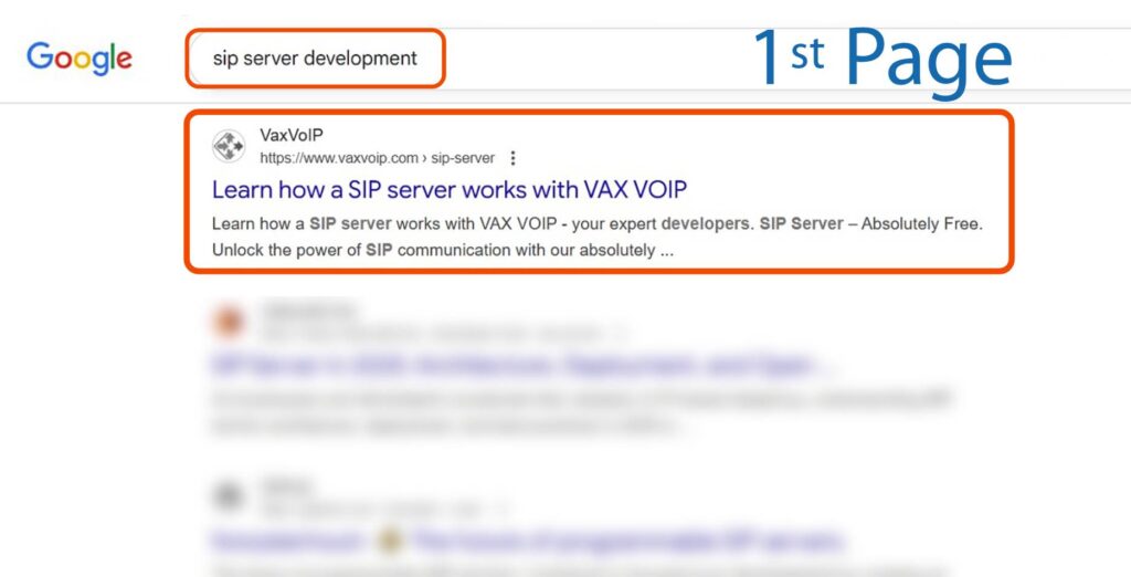 Rezultatele căutării Google pentru "sip server development" evidențiază un rezultat de top intitulat "Aflați cum funcționează un server SIP cu VAX VOIP" pe prima pagină.