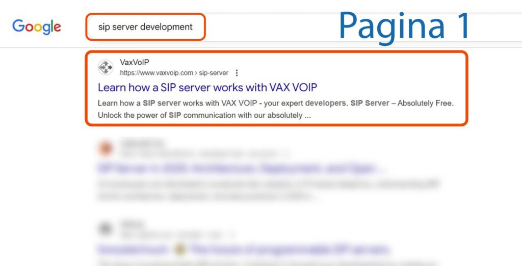 Pagina cu rezultatele căutării Google pentru "sip server development", care prezintă un rezultat de top intitulat "Aflați cum funcționează un server SIP cu VAX VOIP" de pe site-ul vaxvoip.com.