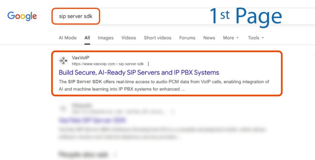 Pagina cu rezultatele căutării Google pentru "sip server sdk" care arată VaxVoIP ca prim rezultat, oferind sisteme SIP server și IP PBX, evidențiate în casete portocalii.