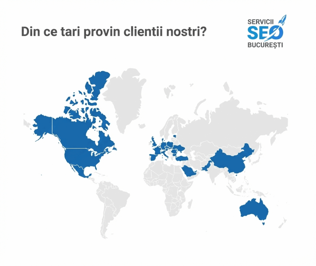 O hartă a lumii care evidențiază în albastru țările din care provin clienții serviciilor SEO și serviciilor de copywriting București.