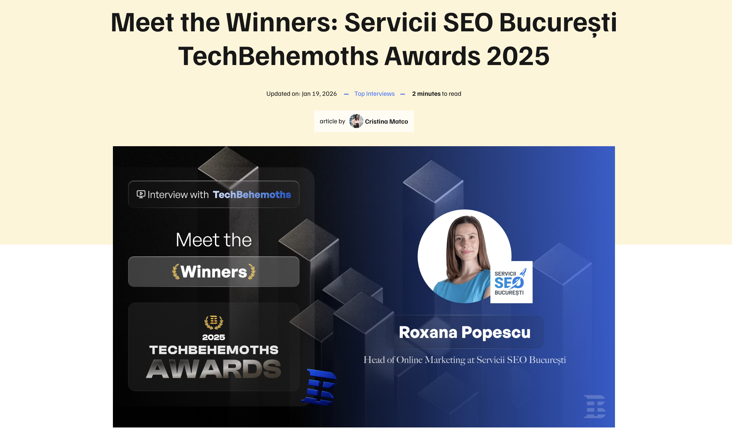 "Meet the Winners: Servicii SEO București TechBehemoths Awards 2025", cu Roxana Popescu, Head of Online Marketing la Servicii SEO București.