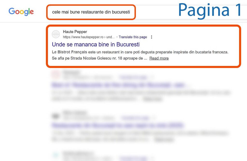 Pagina cu rezultatele căutării Google pentru "cele mai bune restaurante din Bucuresti", care evidențiază o listă de restaurante de top cu o scurtă descriere în limba română.