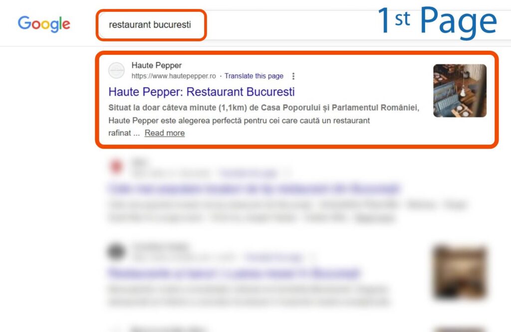 O căutare pe Google pentru "restaurant bucuresti" arată restaurantul Haute Pepper ca rezultat de top, cu site-ul și rezumatul acestuia evidențiate.