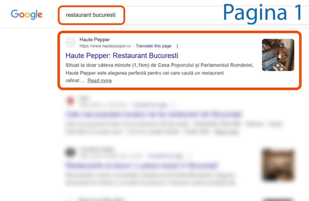 Pagina cu rezultatele căutării Google pentru "restaurant bucuresti", cu primul rezultat evidențiat care arată restaurantul Haute Pepper.