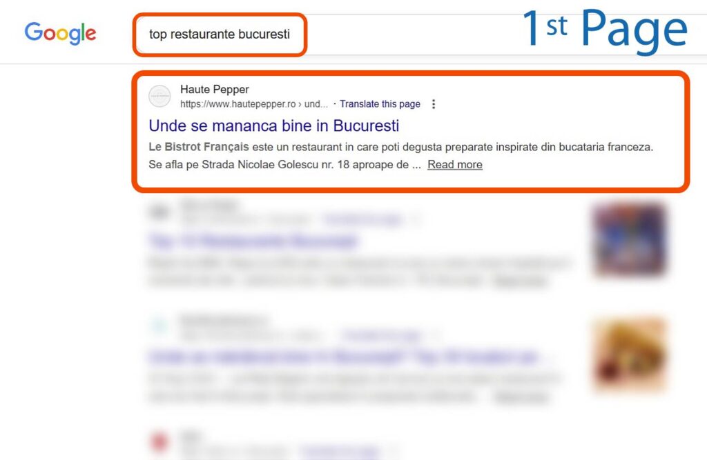 Pagina cu rezultatele căutării Google afișează interogarea "top restaurante bucuresti" și un rezultat evidențiat pentru un restaurant francez din București.