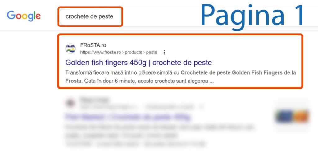 Pagina cu rezultatele căutării Google pentru "crochete de peste" afișează un rezultat de top pentru Golden Fish Fingers 450g de la Frosta.ro.