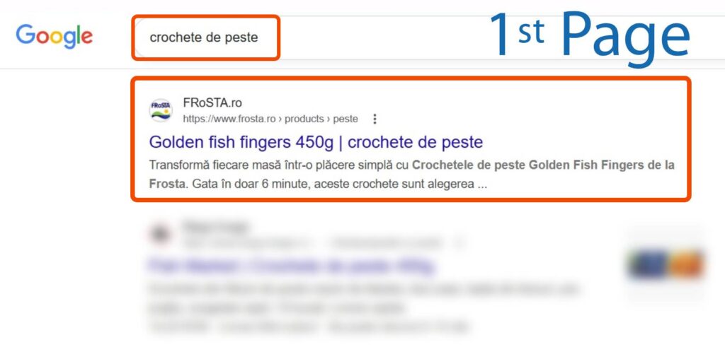 Pagina cu rezultatele căutării Google pentru "crochete de peste", care prezintă site-ul FRoSTA.ro ca prim rezultat cu "Golden fish fingers 450g.