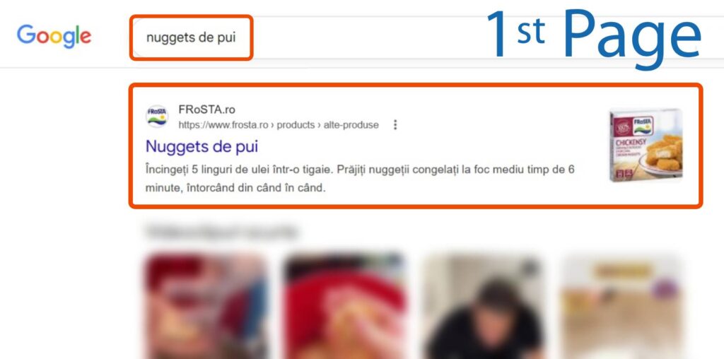 Pagina cu rezultatele căutării Google pentru "nuggets de pui", care prezintă un rezultat prezentat de pe frosta.ro cu o imagine a unui pachet de nuggets de pui.