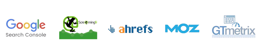 Logourile Google Search Console, Screaming Frog, Ahrefs, Moz și GTmetrix - instrumente esențiale pentru Servicii SEO București - afișate într-un rând orizontal pe un fundal deschis.