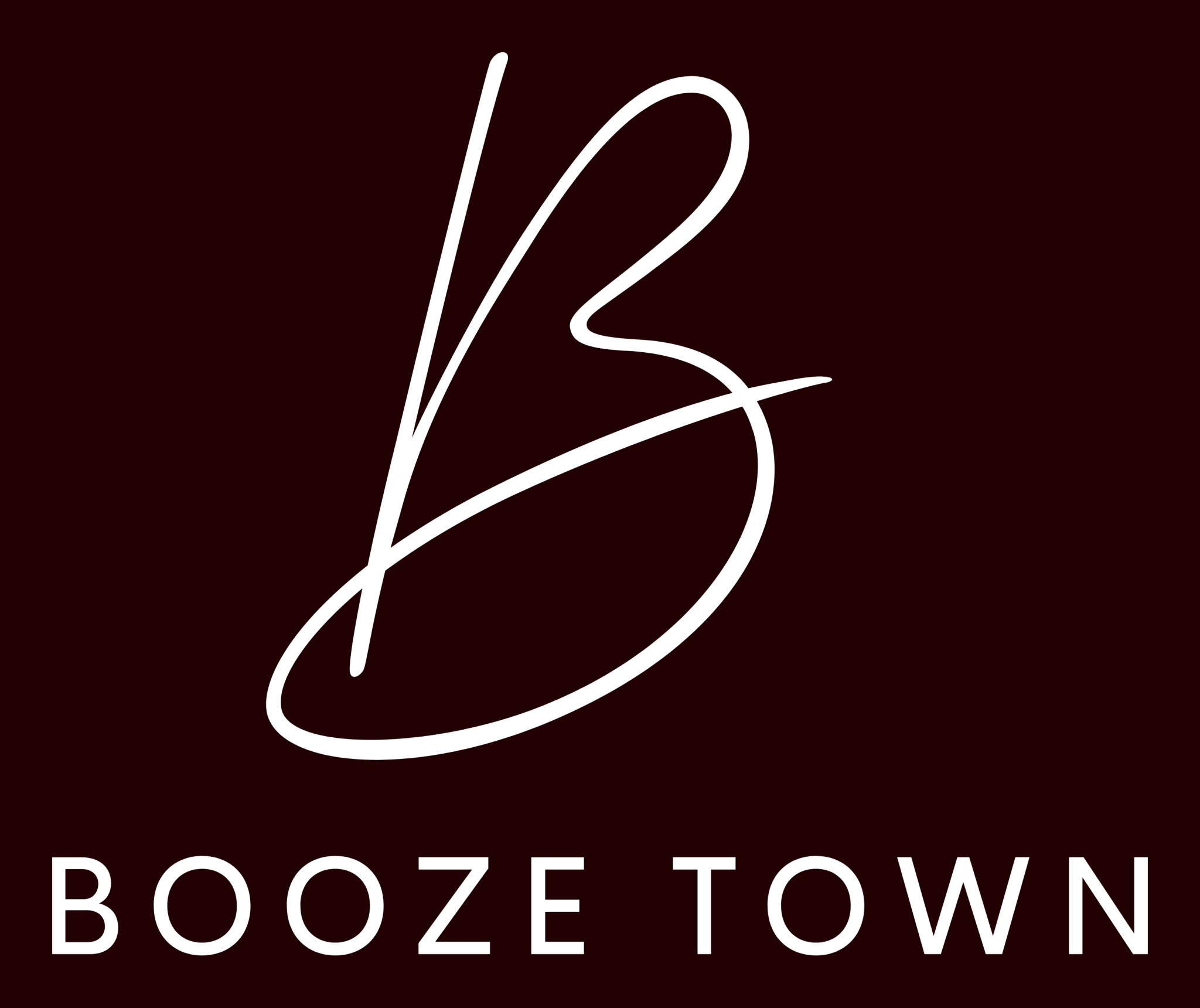 Litera albă stilizată "B" deasupra cuvintelor "BOOZE TOWN" cu majuscule pe un fundal închis.