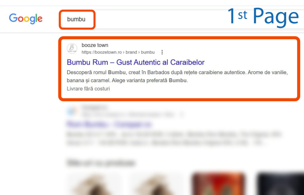 Pagina cu rezultatele căutării Google pentru "bumbu" prezintă un rezultat de top pentru Bumbu Rum cu o descriere a aromelor sale din Caraibe, evidențiate în portocaliu.