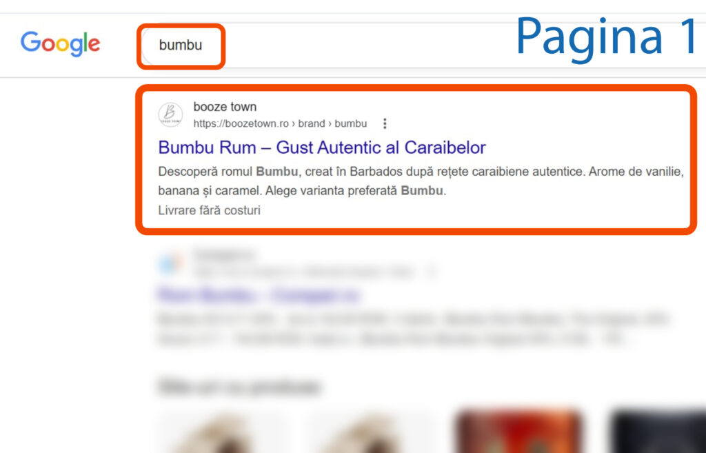Pagina cu rezultatele căutării Google pentru interogarea "bumbu" care prezintă un link evidențiat către romul Bumbu pe un site de retail din România.
