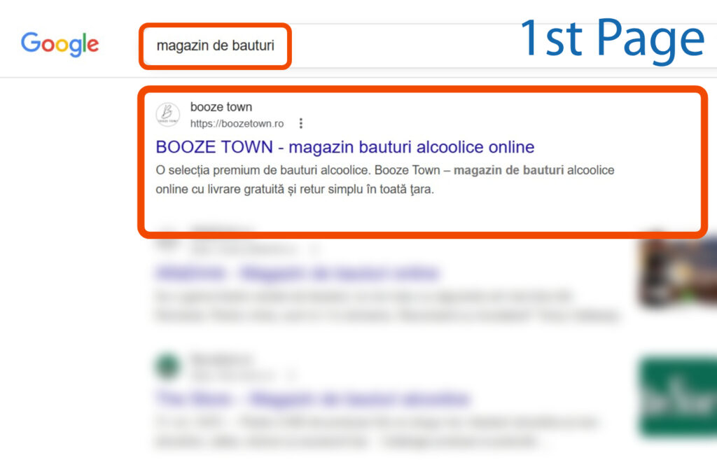 Pagina cu rezultatele căutării Google pentru "magazin de bauturi", care afișează "BOOZE TOWN - magazin bauturi alcoolice online" ca prim rezultat listat.