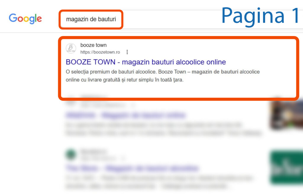 Pagina cu rezultatele căutării Google pentru "magazin de bauturi" care prezintă primul rezultat pentru un magazin online de băuturi alcoolice, evidențiat cu dreptunghiuri portocalii.