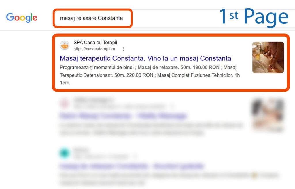 Pagina cu rezultatele căutării Google pentru "masaj relaxare Constanța", care afișează un rezultat de top pentru un serviciu de masaj terapeutic cu detalii despre preț în moneda română.