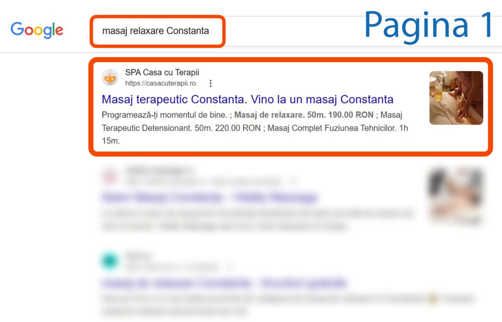 Pagina cu rezultatele căutării pe Google pentru "masaj relaxare Constanța" afișează un rezultat de top de la SPA Casa cu Terapii care oferă servicii de masaj cu prețuri și durate afișate.