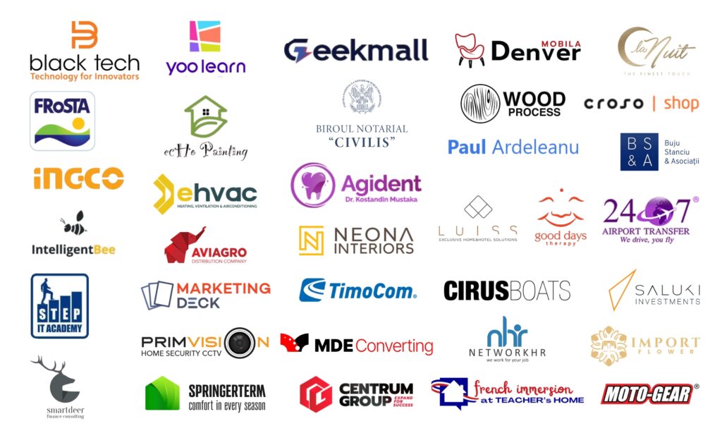 O grilă de 36 de logo-uri de afaceri diferite, fiecare afișând nume de companii, simboluri și stiluri de design unice - inclusiv mărci din sectoare precum Servicii SEO București - pe un fundal alb curat.