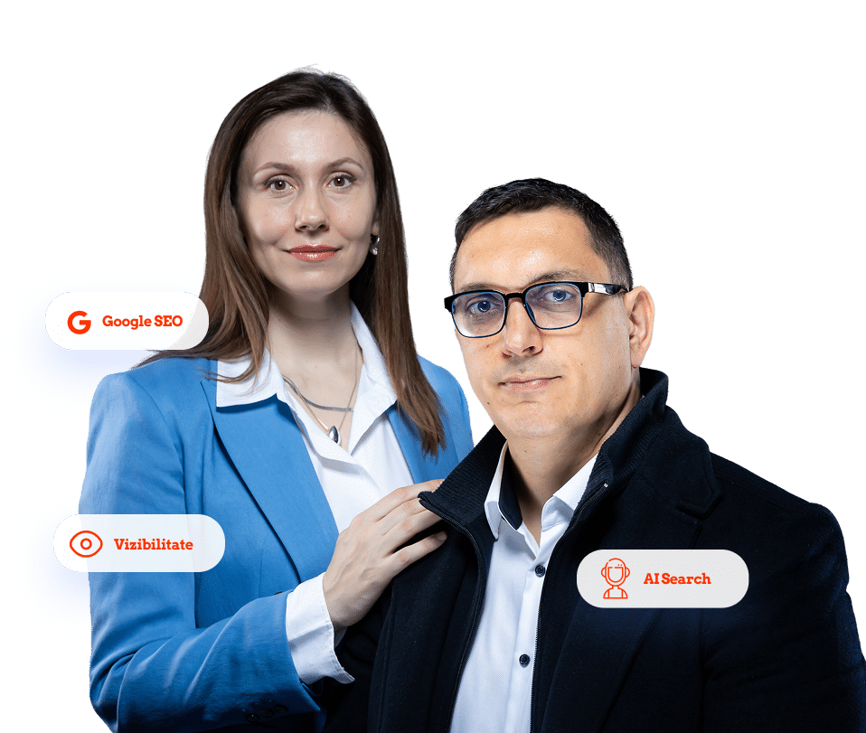 O femeie într-un sacou albastru și un bărbat într-un sacou negru stau împreună pe un fundal alb, cu pictograme etichetate Google SEO, Vizibilitate, AI Search și Servicii SEO București lângă ei.